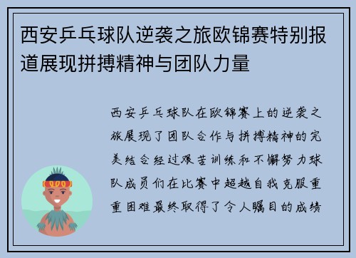 西安乒乓球队逆袭之旅欧锦赛特别报道展现拼搏精神与团队力量