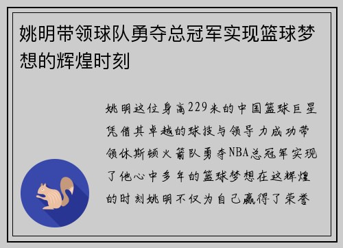 姚明带领球队勇夺总冠军实现篮球梦想的辉煌时刻