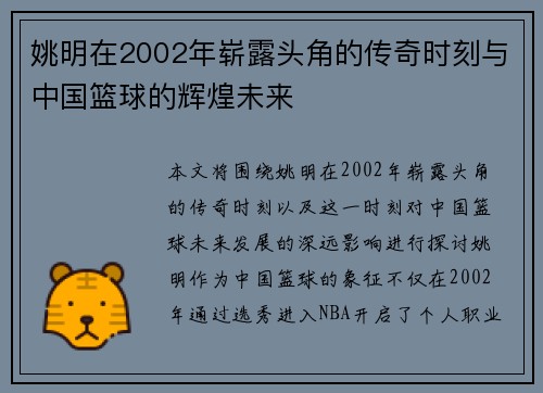 姚明在2002年崭露头角的传奇时刻与中国篮球的辉煌未来