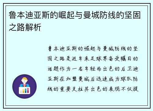 鲁本迪亚斯的崛起与曼城防线的坚固之路解析