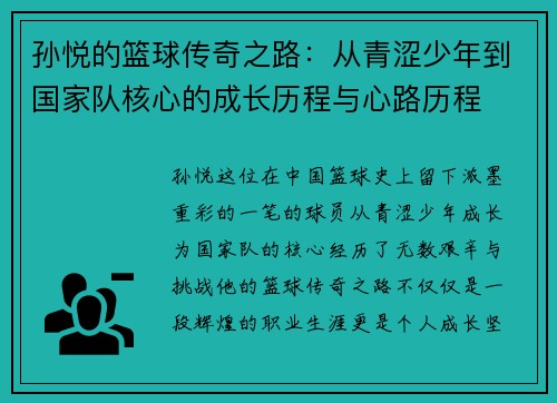 孙悦的篮球传奇之路：从青涩少年到国家队核心的成长历程与心路历程